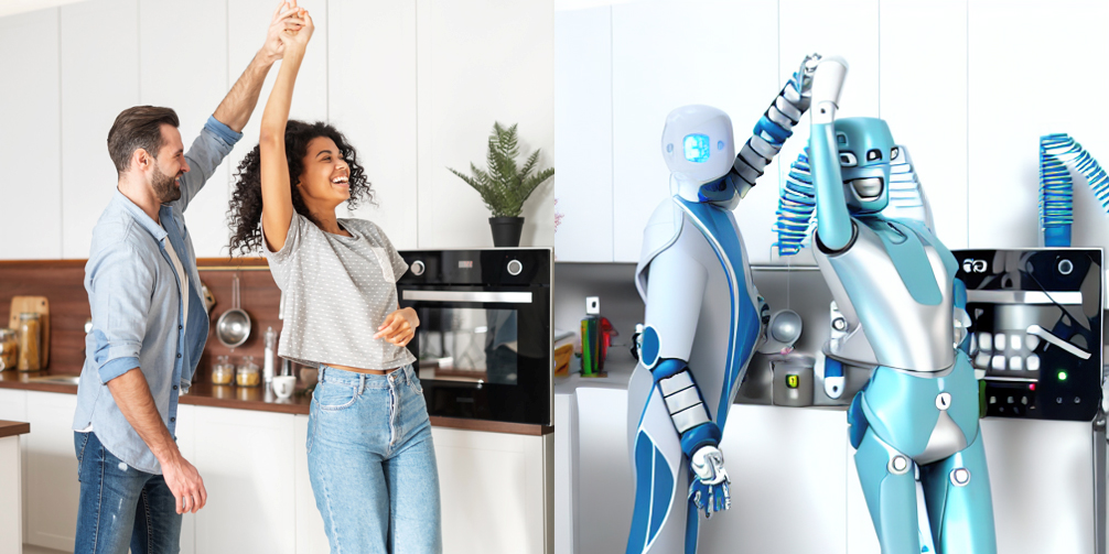 À gauche : image d'un couple dans une cuisine. À droite : Une image créée par un modèle d'IA, à qui l'on a fourni l'image de gauche et l'invite suivante : "deux robots qui dansent dans la cuisine" : "deux robots dansant dans la cuisine". Le modèle a réussi à générer des robots dans des poses réalistes et crédibles, se tenant dans des positions similaires à celles du couple de l'image originale
